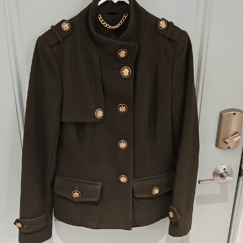 COOGI Green With Decorative Gold Buttons Utility Jacket with Standing Collar
